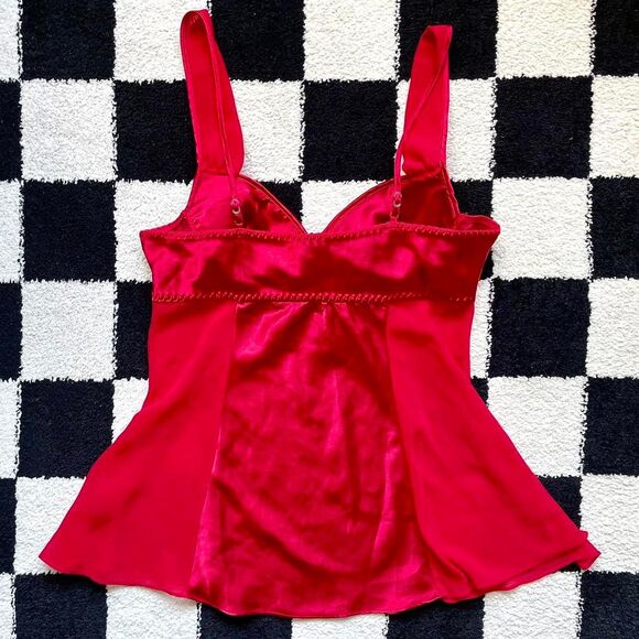 Red Satin Bustier Slip & Feather Thong Set M - Picture 2 of 8